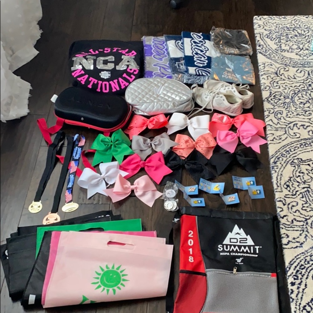 CHEER ITEMS-sweatshirts, bows, medals, pins, etc